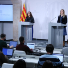 La consellera de la Presidencia, Laura Vilagrà, y la de Acción Exterior y Govern Obert, Victòria Alsina, en rueda de prensa este lunes.