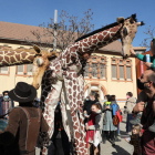 Las ‘jirafas’ de la compañía Xirriquiteula Teatre se pasearon por la plaza Esteve Ciuto, en el exterior del Escorxador. 