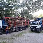 Josep y su hijo Albert, ayer junto a dos camiones cargados de troncos para hacer leña y biomasa.