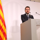 El president de la Generalitat, Pere Aragonès, en una atenció a la premsa aquest dimarts al Palau de la Generalitat.