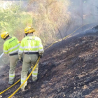 Membres del Grup Especial de Prevenció d'Incendis Forestals (GEPIF) remullant una zona cremanda.
