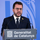 El president de la Generalitat, Pere Aragonès, en roda de premsa a la seu del Govern a Madrid
