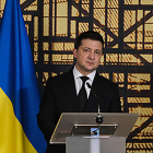 El president d'Ucraïna, Volodímir Zelenski, en una roda de premsa al desembre del 2021