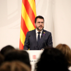 El president de la Generalitat, Pere Aragonès, durant l'acte institucional al Palau de la Generalitat.