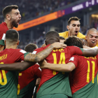 Los jugadores de Portugal celebran el 1-0 de Cristiano Ronaldo.