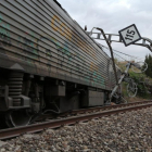 El tren descarrilado y daños en la infraestructura ferroviaria. 
