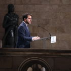 El president de la Generalitat, Pere Aragonès, a la galeria gòtica del Palau de la Generalitat, durant una declaració institucional després de la sortida de Junts per Catalunya del Govern.