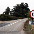 Senyal que prohibeix vehicles a partir de 12 tones a la via apedaçada entre Vinaixa i els Omellons.