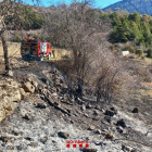 Bombers després de controlar ahir al migdia l’incendi a la zona de l’Alzina d’Alinyà.