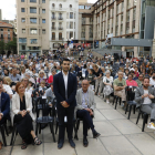 El entrenador del ICG Força Lleida, Gerard Encuentra, durante la lectura del pregón que dio inicio a la Festa Major 2023. 