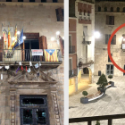Vista de part de la decoració instal·lada dissabte (esquerra) i imatge de la plaça Major 'neta' hores després (dreta).