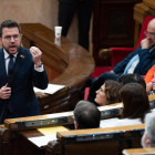 El president Pere Aragonès durante una de sus intervenciones en el pleno del Parlament de ayer.