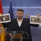 Gabriel Rufián, ahir en la roda de premsa prèvia a la reunió de la Junta de Portaveus del Congrés.