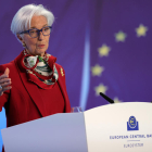 La presidenta del BCE, Christine Lagarde, ayer tras el anuncio de la subida de tipos de interés.