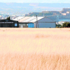 Vista d'arxiu de la timoneda d'Alfés amb les instal·lacions de l'aeròdrom tancat i la ciutat de Lleida al fons.