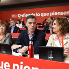 La presidenta del PSOE, Cristina Narbona, Pedro Sánchez y María Jesús Montero, ayer en el Comité.