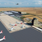 Imagen virtual de las instalaciones del Aeropuerto de Lleida-Alguaire mientras lo sobrevuelan varios drones.