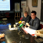 Melé, Postius y Rutllant durante la rueda de prensa para explicar las acciones que se han hecho para proteger l'Horta de Lleida ante la proliferación de nuevos proyectos de torres eléctricas de alta tensión