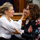 La ministra de Treball, Yolanda Díaz, ahir amb la d’Hisenda, María Jesús Montero.