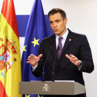 El presidente del gobierno español, Pedro Sánchez, durante la rueda de prensa posterior a la reunión del Consejo, celebrada los días 23 y 24 de junio en Bruselas.