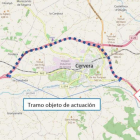 Plànol amb el tram de l'autovia A-2 de la circumval·lació de Cervera on el Ministeri de Transports millorarà el ferm.