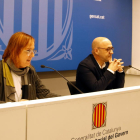 El director del Servei Català de Trànsit (SCT), Ramon Lamiel, i la delegada del Govern a Lleida, Montse Bergés, durant la presentació de la línia de subvencions de 10 MEUR per a municipis de menys de 50.000 habitants, que s'ha fet a Lleida