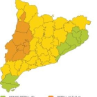 En naranja, las comarcas que esta tarde están en situación de peligro alto por lluvia y tormentas.