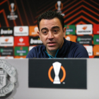 Xavi Hernández, ayer en la rueda de prensa que dio en Manchester.