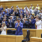 Pedro Sánchez aplaude durante el pleno del Senado celebrado ayer.