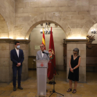 L’alcalde, Miquel Pueyo (ERC), entre els tinents d’alcalde Toni Postius (JxCat) i Sandra Castro (ERC).