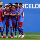 Los jugadores del Barça celebran uno de los goles.