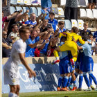 Imatge de la rematada de cap d’Agüero que va segellar la remuntada final del Lleida.