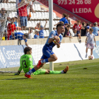 Imatge de la rematada de cap d’Agüero que va segellar la remuntada final del Lleida.