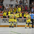 Jugadores del Vila-sana celebren un dels seus gols, davant l’alegria dels aficionats.