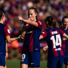 Caroline Graham Hansen celebra el seu gol en el partit, que va significar el 2-0, i va ser una mostra més de la seua exhibició ahir davant del Reial Madrid.