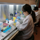 Dos estudiants al laboratori de l’institut Torre Vicens, a Lleida ciutat.