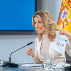 La ministra de Treball, Yolanda Díaz, ahir durant la presentació de la reforma.