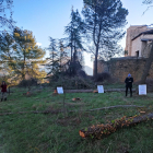 Les manifestants amb pancartes a la parcel·la dels pins.