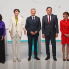 Els candidats amb possibilitats de liderar la Xunta, al centre, Ana Pontón, Alfonso Rueda i José Ramón Gómez Besteiro.