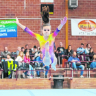 Una gimnasta realitza un salt durant un exercici de terra ahir a la Copa Catalana que es disputa a Bellvís.