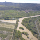 Les finques inundades (a l’esquerra de la imatge) a la zona de l’Aiguabarreig a vista de dron.