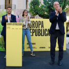 El número 2 d’ERC a les eleccions europees, Tomàs Molina, i els candidats de Junts Toni Comín i Neus Torbisco en actes ahir.