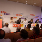 Candidats de Junts, ERC, PP, PSC, Comuns Sumar i Podem ahir en un debat organitzat per CCOO.