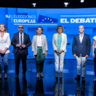 Galán, Cañas, Ribera, Montserrat, Buxadé i Montero, ahir en el debat que va organitzar el grup Prisa.