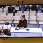 La futbolista Jenni Hermoso en una pantalla de la sala de prensa de la Audiencia Nacional