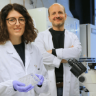 Alice Perucca y Xavier Trepat en los laboratorios del IBEC.