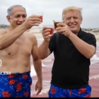 Frame del video en el que varios líderes mundials 'disfrutan' de la playa ensangrentada de Gaza.
