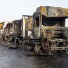 Un dels camions implicats a l'accident a l'AP-2 a Montoliu de Lleida.