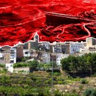 El poble de l'Albagés, a les Garrigues, des de la presa del pantà.
