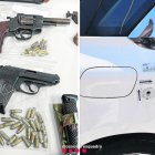 Imatge de dos de les pistoles decomissades i de l’impacte de bala en un cotxe. - MOSSOS D’ESQUADRA